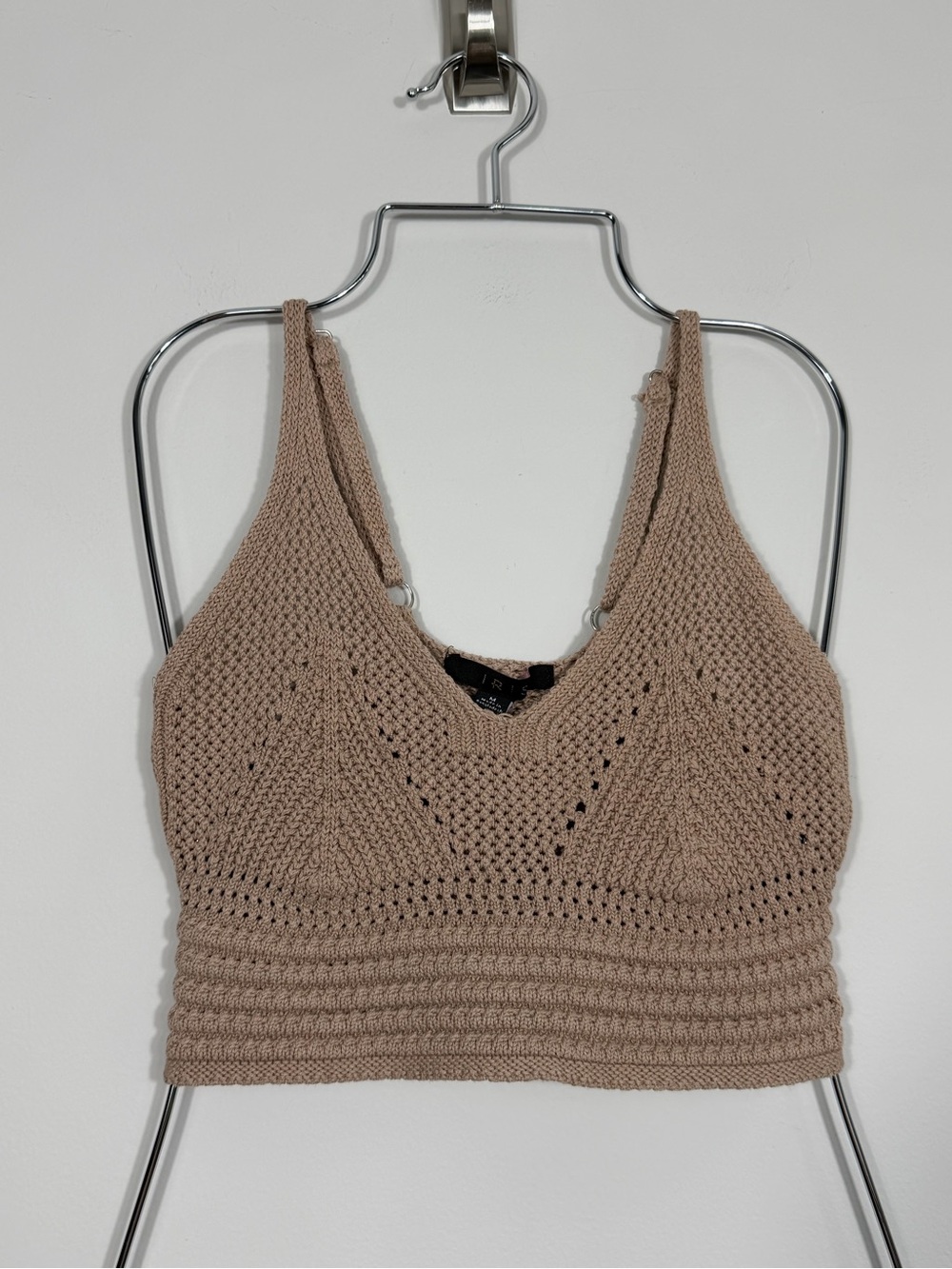 IRIS Taupe Crochet Knit Bralette Crop Top Adjustable Straps Size M Boho